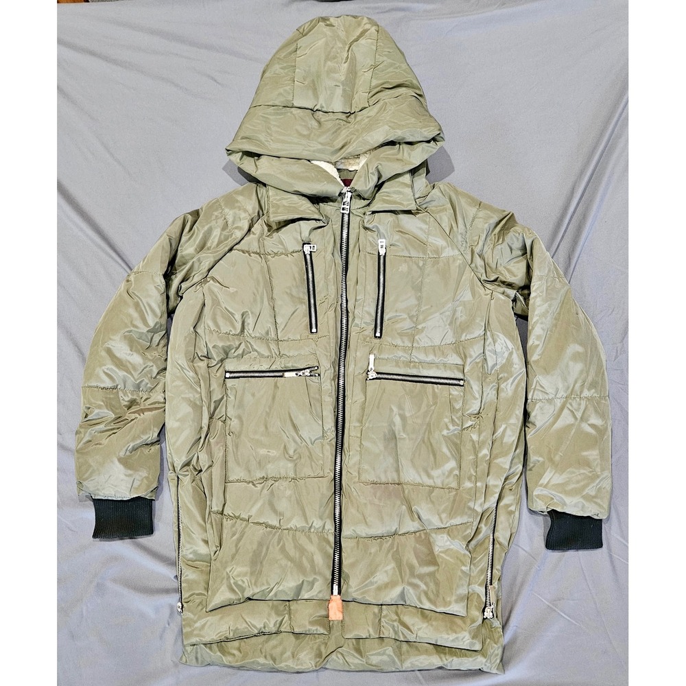 Cisono Puffer Jacket Womens S Olive Green Hooded Sherpa Lined Parka Side Zip